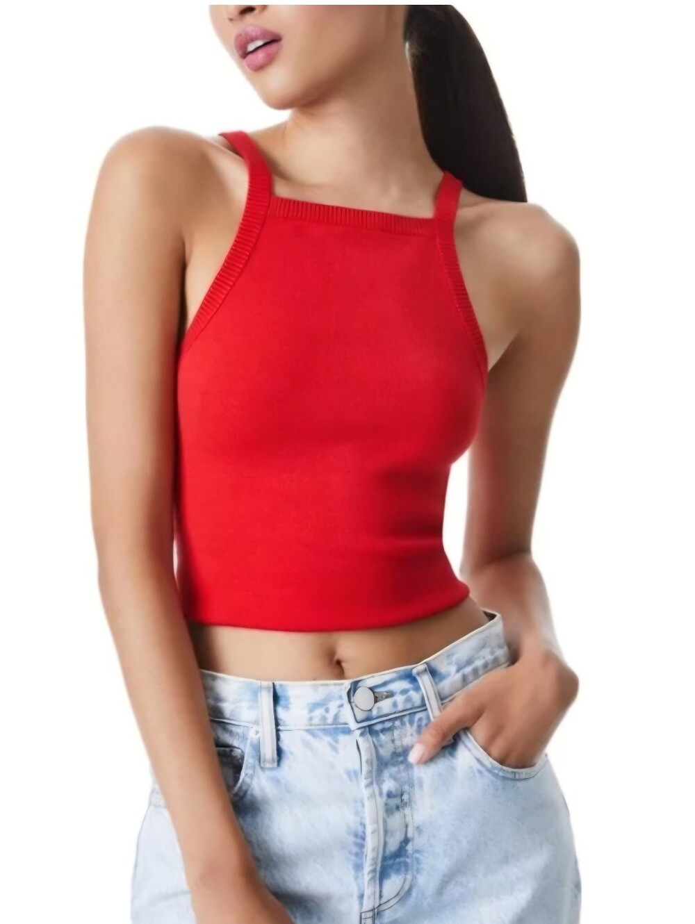 ALICE + OLIVIA Cabot Straight Neck Knit Tank Top in Bright Poppy Red